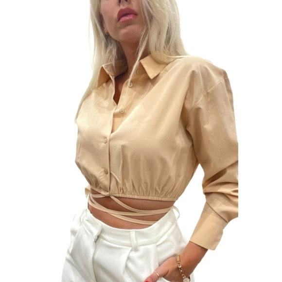 NWT crop top shirt white Short-Sleeve Tie-Strap Size M cotton - Picture 2 of 4